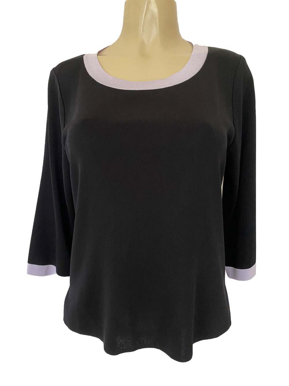 Exclusively Misook Top Blouse Knit 3/4 Sleeve Black Purple Lavender Trim PS